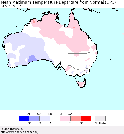 Australia Mean Maximum Temperature Departure from Normal (CPC) Thematic Map For 6/14/2021 - 6/20/2021