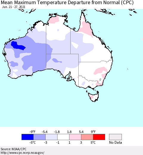 Australia Mean Maximum Temperature Departure from Normal (CPC) Thematic Map For 6/21/2021 - 6/27/2021
