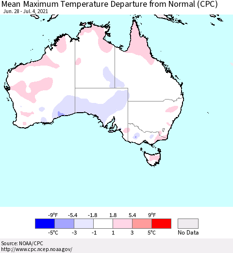 Australia Mean Maximum Temperature Departure from Normal (CPC) Thematic Map For 6/28/2021 - 7/4/2021