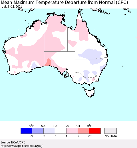 Australia Mean Maximum Temperature Departure from Normal (CPC) Thematic Map For 7/5/2021 - 7/11/2021