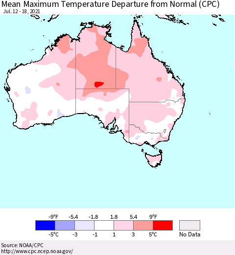Australia Mean Maximum Temperature Departure from Normal (CPC) Thematic Map For 7/12/2021 - 7/18/2021