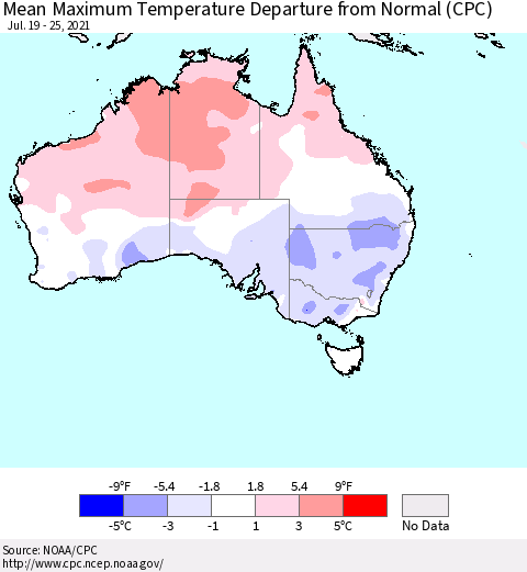 Australia Mean Maximum Temperature Departure from Normal (CPC) Thematic Map For 7/19/2021 - 7/25/2021