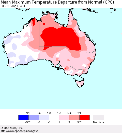 Australia Mean Maximum Temperature Departure from Normal (CPC) Thematic Map For 7/26/2021 - 8/1/2021