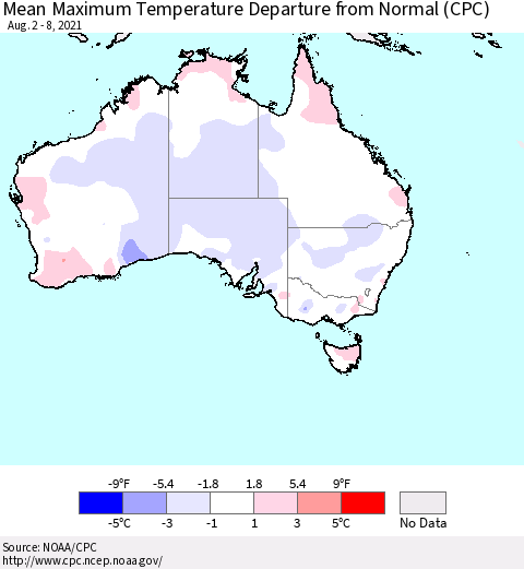 Australia Mean Maximum Temperature Departure from Normal (CPC) Thematic Map For 8/2/2021 - 8/8/2021