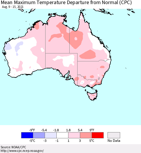 Australia Mean Maximum Temperature Departure from Normal (CPC) Thematic Map For 8/9/2021 - 8/15/2021