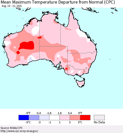 Australia Mean Maximum Temperature Departure from Normal (CPC) Thematic Map For 8/16/2021 - 8/22/2021