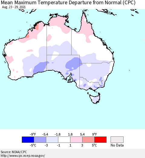 Australia Mean Maximum Temperature Departure from Normal (CPC) Thematic Map For 8/23/2021 - 8/29/2021