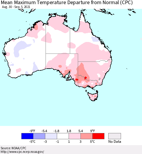 Australia Mean Maximum Temperature Departure from Normal (CPC) Thematic Map For 8/30/2021 - 9/5/2021
