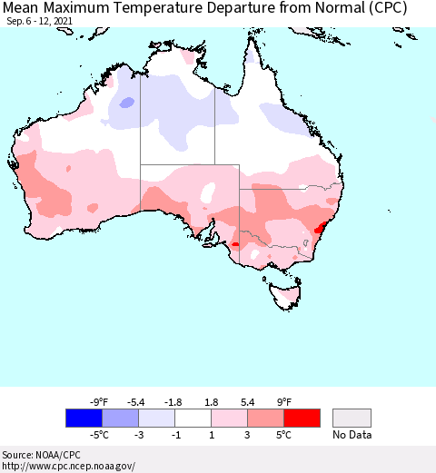 Australia Mean Maximum Temperature Departure from Normal (CPC) Thematic Map For 9/6/2021 - 9/12/2021