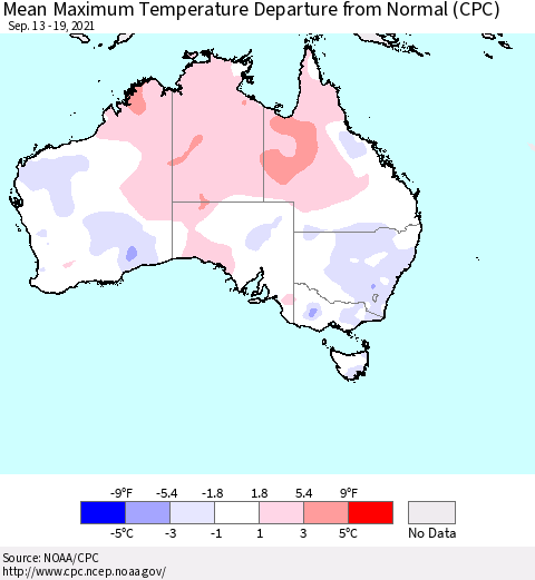 Australia Mean Maximum Temperature Departure from Normal (CPC) Thematic Map For 9/13/2021 - 9/19/2021