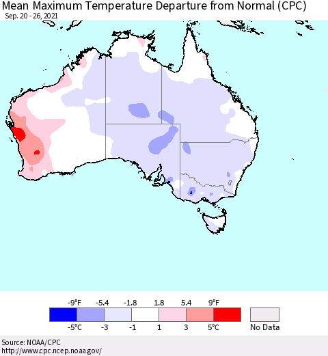 Australia Mean Maximum Temperature Departure from Normal (CPC) Thematic Map For 9/20/2021 - 9/26/2021