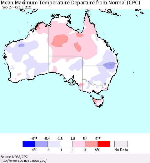 Australia Mean Maximum Temperature Departure from Normal (CPC) Thematic Map For 9/27/2021 - 10/3/2021