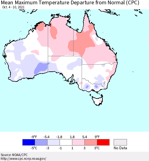 Australia Mean Maximum Temperature Departure from Normal (CPC) Thematic Map For 10/4/2021 - 10/10/2021