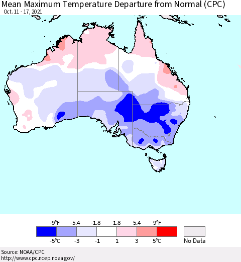 Australia Mean Maximum Temperature Departure from Normal (CPC) Thematic Map For 10/11/2021 - 10/17/2021
