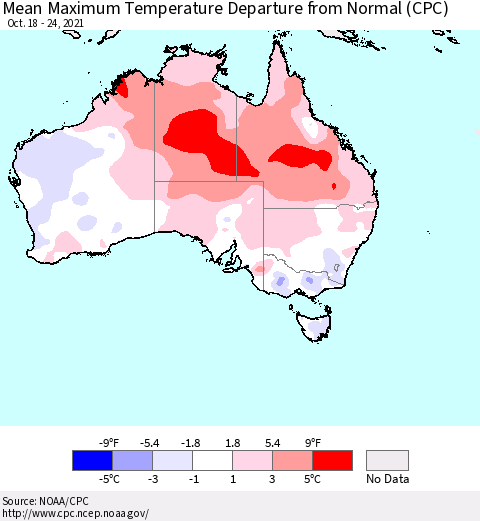 Australia Mean Maximum Temperature Departure from Normal (CPC) Thematic Map For 10/18/2021 - 10/24/2021