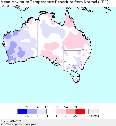 Australia Mean Maximum Temperature Departure from Normal (CPC) Thematic Map For 10/25/2021 - 10/31/2021