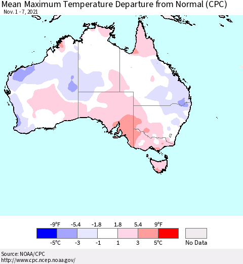 Australia Mean Maximum Temperature Departure from Normal (CPC) Thematic Map For 11/1/2021 - 11/7/2021