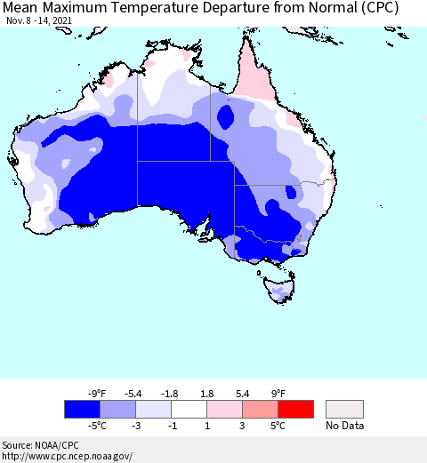 Australia Mean Maximum Temperature Departure from Normal (CPC) Thematic Map For 11/8/2021 - 11/14/2021