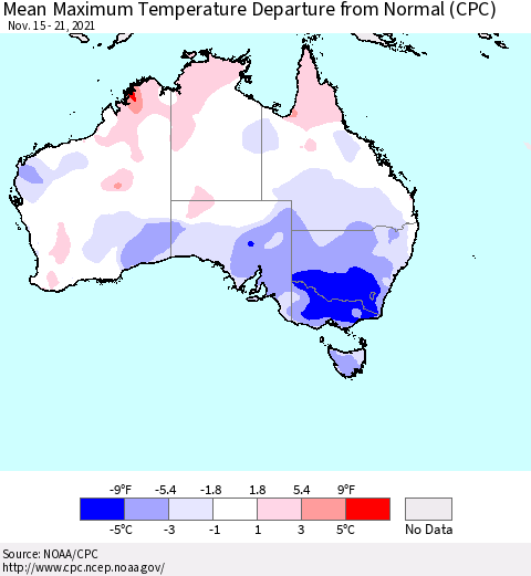 Australia Mean Maximum Temperature Departure from Normal (CPC) Thematic Map For 11/15/2021 - 11/21/2021