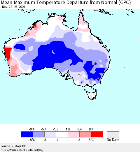 Australia Mean Maximum Temperature Departure from Normal (CPC) Thematic Map For 11/22/2021 - 11/28/2021