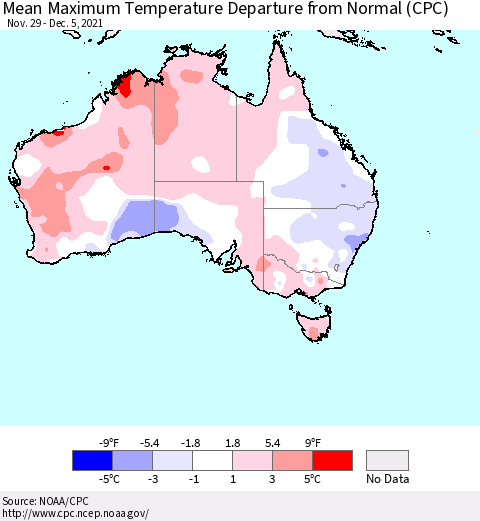 Australia Mean Maximum Temperature Departure from Normal (CPC) Thematic Map For 11/29/2021 - 12/5/2021
