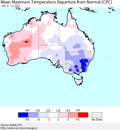 Australia Mean Maximum Temperature Departure from Normal (CPC) Thematic Map For 12/6/2021 - 12/12/2021