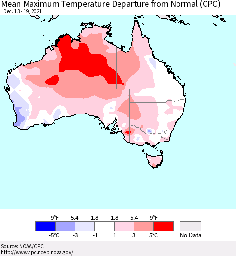 Australia Mean Maximum Temperature Departure from Normal (CPC) Thematic Map For 12/13/2021 - 12/19/2021