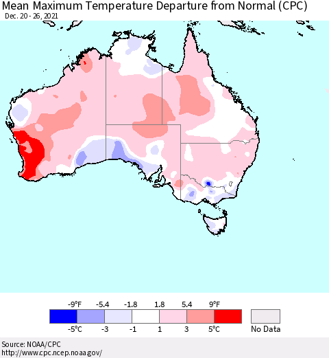 Australia Mean Maximum Temperature Departure from Normal (CPC) Thematic Map For 12/20/2021 - 12/26/2021