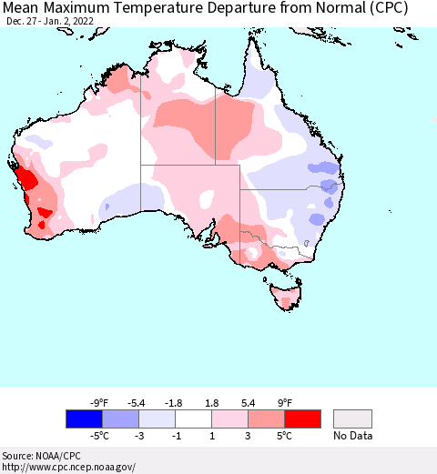 Australia Mean Maximum Temperature Departure from Normal (CPC) Thematic Map For 12/27/2021 - 1/2/2022