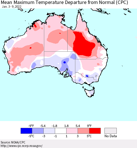 Australia Mean Maximum Temperature Departure from Normal (CPC) Thematic Map For 1/3/2022 - 1/9/2022