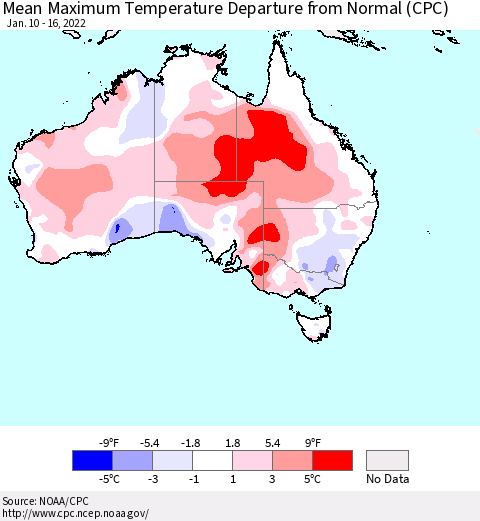 Australia Mean Maximum Temperature Departure from Normal (CPC) Thematic Map For 1/10/2022 - 1/16/2022