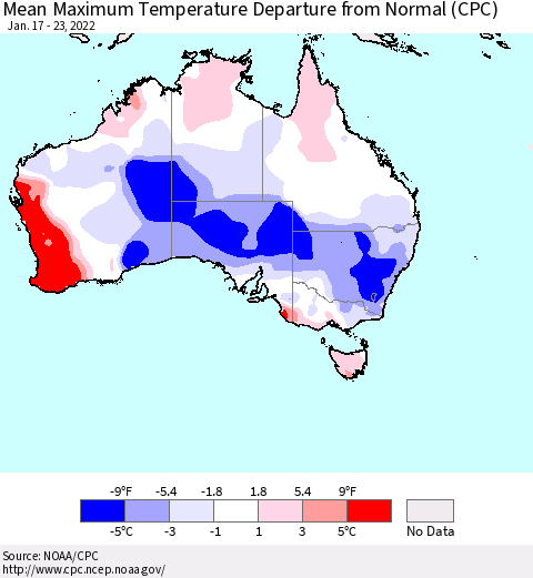 Australia Mean Maximum Temperature Departure from Normal (CPC) Thematic Map For 1/17/2022 - 1/23/2022
