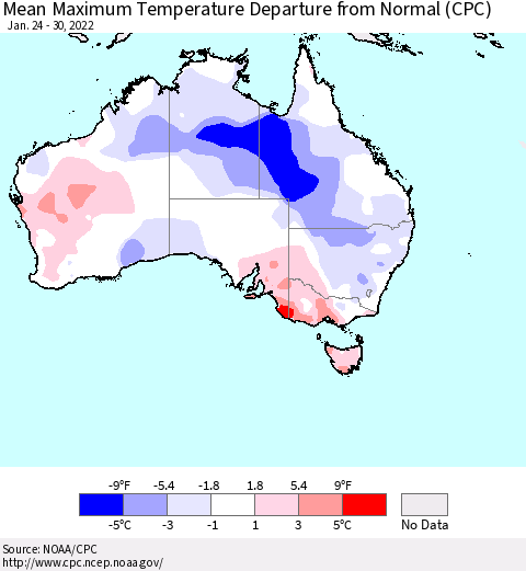Australia Mean Maximum Temperature Departure from Normal (CPC) Thematic Map For 1/24/2022 - 1/30/2022