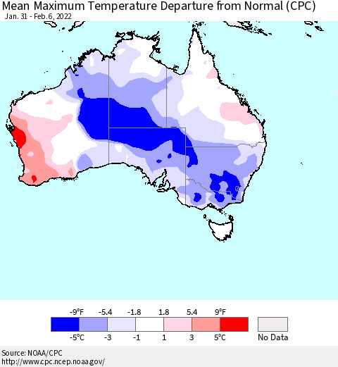 Australia Mean Maximum Temperature Departure from Normal (CPC) Thematic Map For 1/31/2022 - 2/6/2022