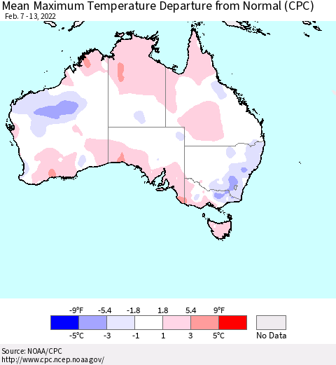 Australia Mean Maximum Temperature Departure from Normal (CPC) Thematic Map For 2/7/2022 - 2/13/2022