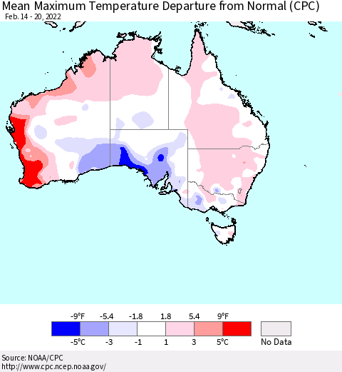 Australia Mean Maximum Temperature Departure from Normal (CPC) Thematic Map For 2/14/2022 - 2/20/2022