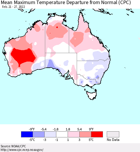 Australia Mean Maximum Temperature Departure from Normal (CPC) Thematic Map For 2/21/2022 - 2/27/2022
