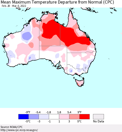 Australia Mean Maximum Temperature Departure from Normal (CPC) Thematic Map For 2/28/2022 - 3/6/2022