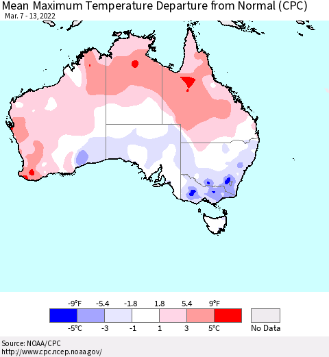Australia Mean Maximum Temperature Departure from Normal (CPC) Thematic Map For 3/7/2022 - 3/13/2022