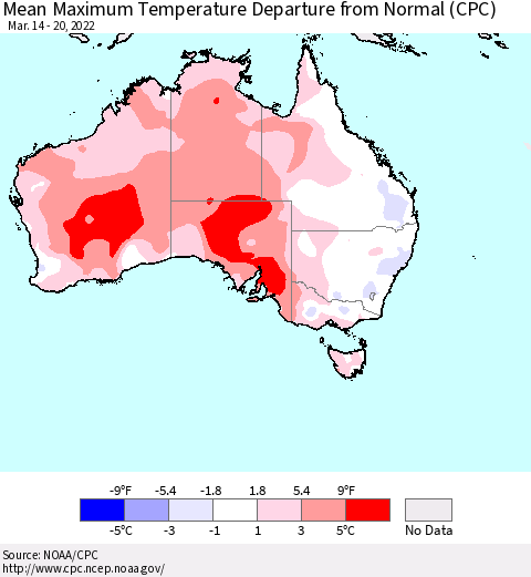 Australia Mean Maximum Temperature Departure from Normal (CPC) Thematic Map For 3/14/2022 - 3/20/2022