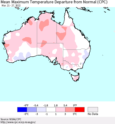 Australia Mean Maximum Temperature Departure from Normal (CPC) Thematic Map For 3/21/2022 - 3/27/2022