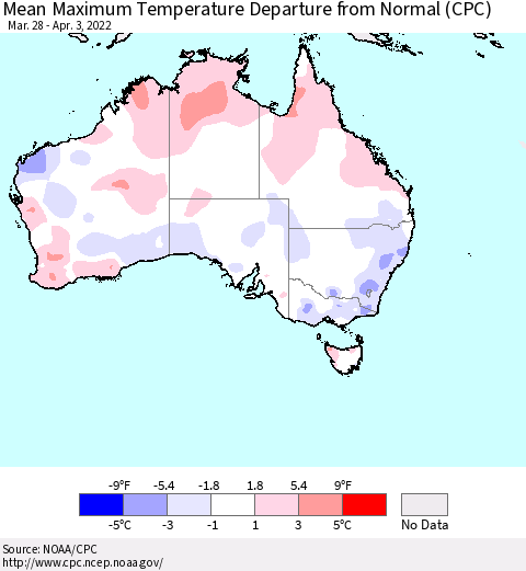 Australia Mean Maximum Temperature Departure from Normal (CPC) Thematic Map For 3/28/2022 - 4/3/2022