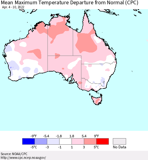 Australia Mean Maximum Temperature Departure from Normal (CPC) Thematic Map For 4/4/2022 - 4/10/2022