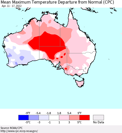 Australia Mean Maximum Temperature Departure from Normal (CPC) Thematic Map For 4/11/2022 - 4/17/2022
