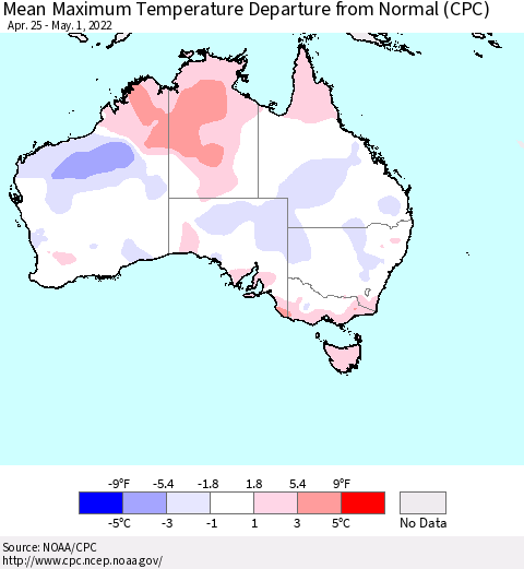 Australia Mean Maximum Temperature Departure from Normal (CPC) Thematic Map For 4/25/2022 - 5/1/2022