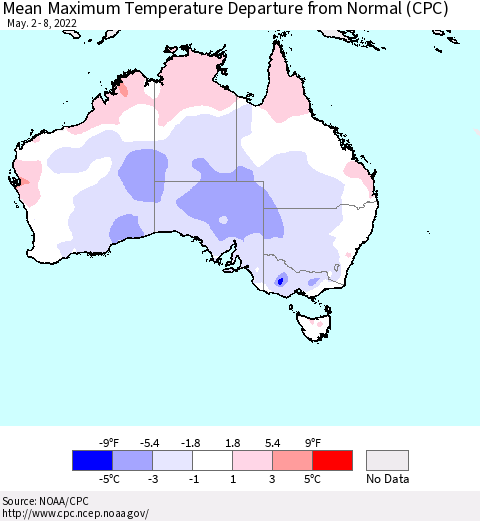 Australia Mean Maximum Temperature Departure from Normal (CPC) Thematic Map For 5/2/2022 - 5/8/2022