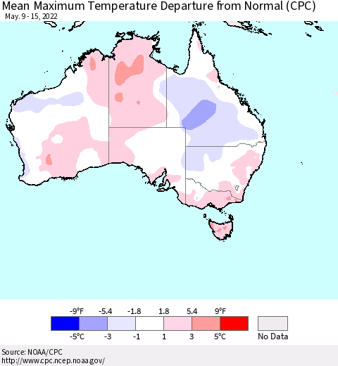 Australia Mean Maximum Temperature Departure from Normal (CPC) Thematic Map For 5/9/2022 - 5/15/2022