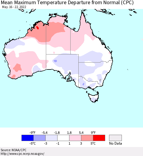 Australia Mean Maximum Temperature Departure from Normal (CPC) Thematic Map For 5/16/2022 - 5/22/2022