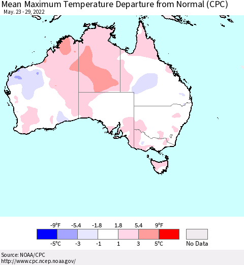 Australia Mean Maximum Temperature Departure from Normal (CPC) Thematic Map For 5/23/2022 - 5/29/2022