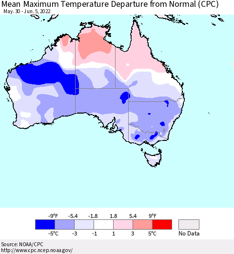 Australia Mean Maximum Temperature Departure from Normal (CPC) Thematic Map For 5/30/2022 - 6/5/2022